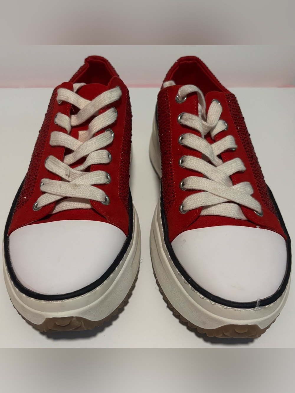 Women’s Red Rhinestone Platform Sneakers Size 8.5 Sparkly Casual Shoes